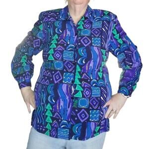 Vintage Tan Jay Size 14 Artsy Bold Geo Blouse Long Sleeve Multicolor Maximalist